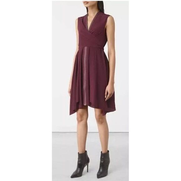 All Saints Jayda Purple Zip Silk Dress Size 0 Rtl $450 ASO TV.    V - Picture 1 of 14